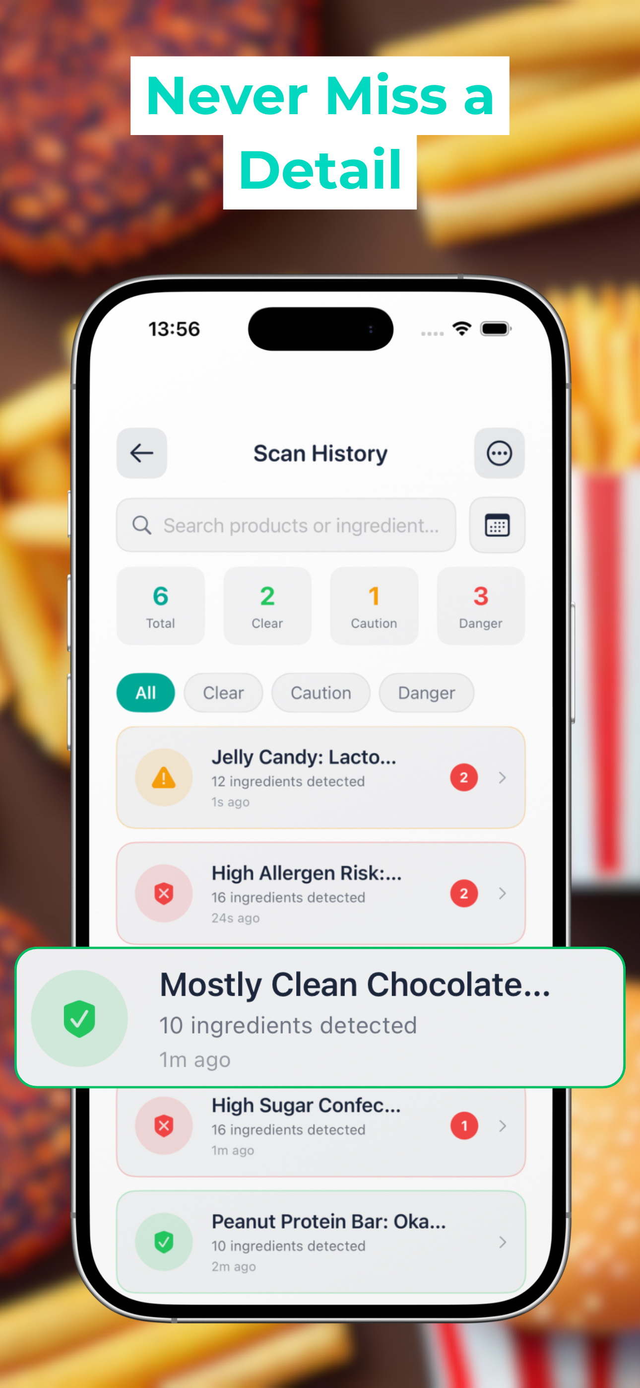 Tuna app scan history view showing chronological list of analyzed products